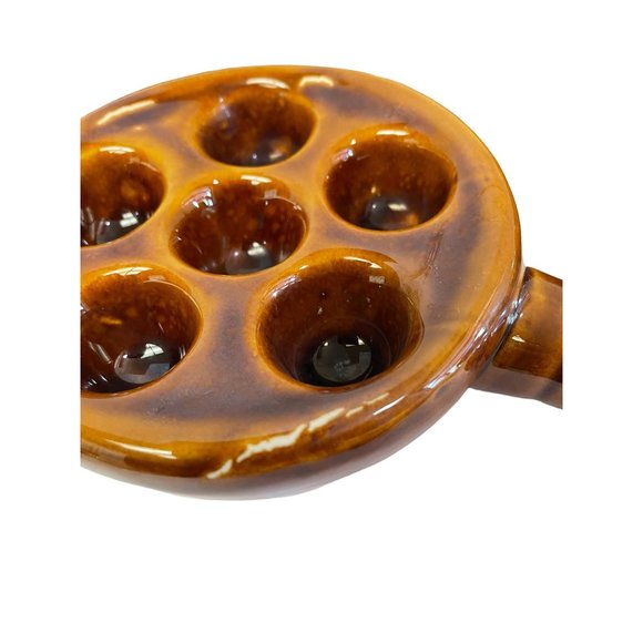 Taiwan Ceramic Brown Glazed Escargot Snail Plate Baking Dishes Handle Set of 4 - Picture 7 of 9